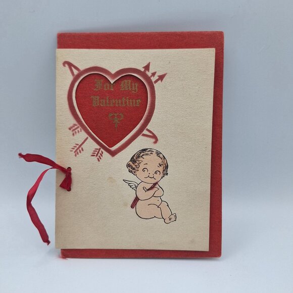 Vintage Valentine Card Cupid Heart Cutout For My Love Poem Red Handmade Layered - Picture 1 of 7